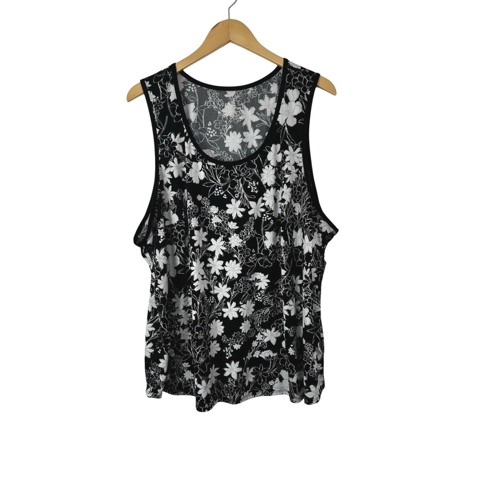 Lands' End Floral Tank Top Sleeveless Womens 1X Black White Stretch Scoop Neck‎